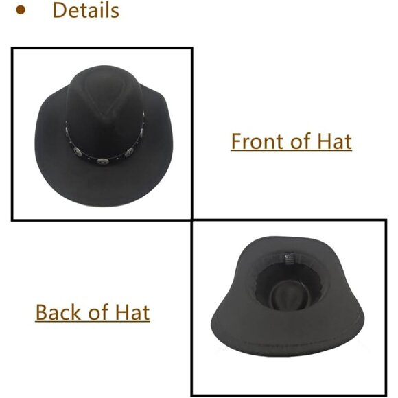 🆕 Men Black Cowboy Hat Western Felt Fedora Chapeau Halloween Costume Belt Wicks - Picture 5 of 6